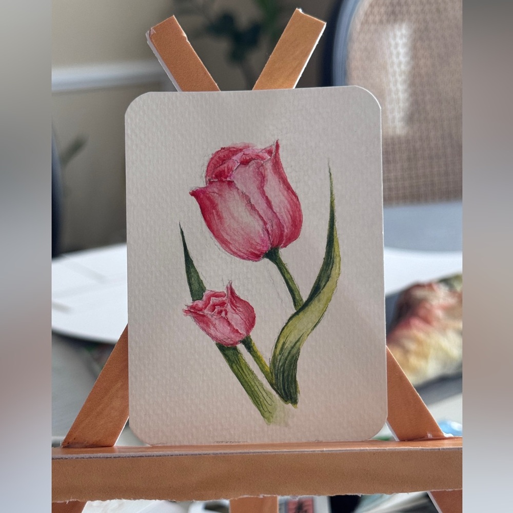 SOLD-ACEO original watercolor “Bloom-sweet red tulip”